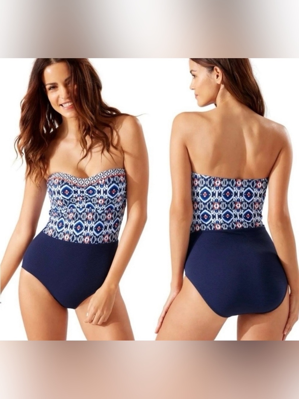 Tommy Bahama Navy Blue Strapless One-Piece with Ikat Print, Large - Picture 5 of 12